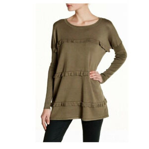 Solutions Women Triple Ruffle Long Sleeve Sweater Olive Size M